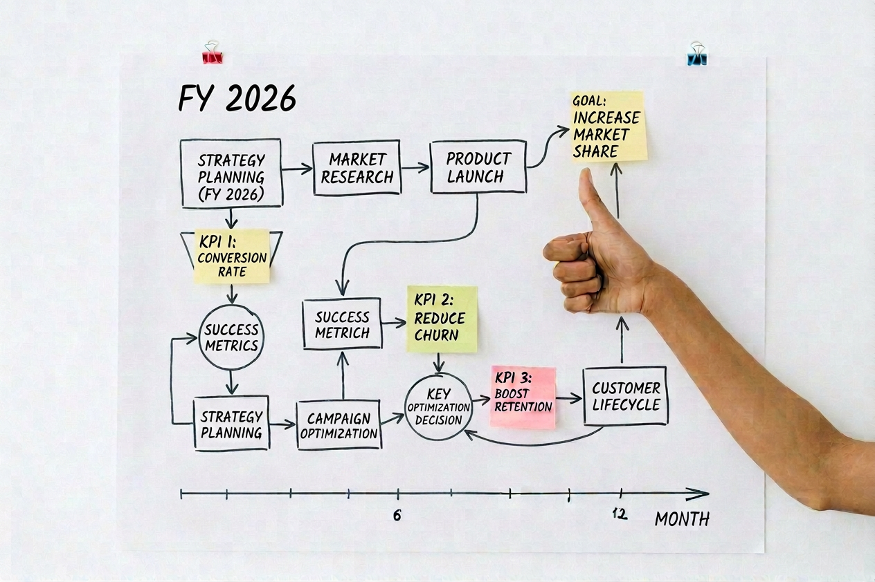 Diagram outlining a business strategy for FY 2026, featuring key performance indicators (KPIs) like conversion rate, reducing churn, and boosting retention, with a central goal of increasing market share. Includes visual representation of processes and decision-making steps.